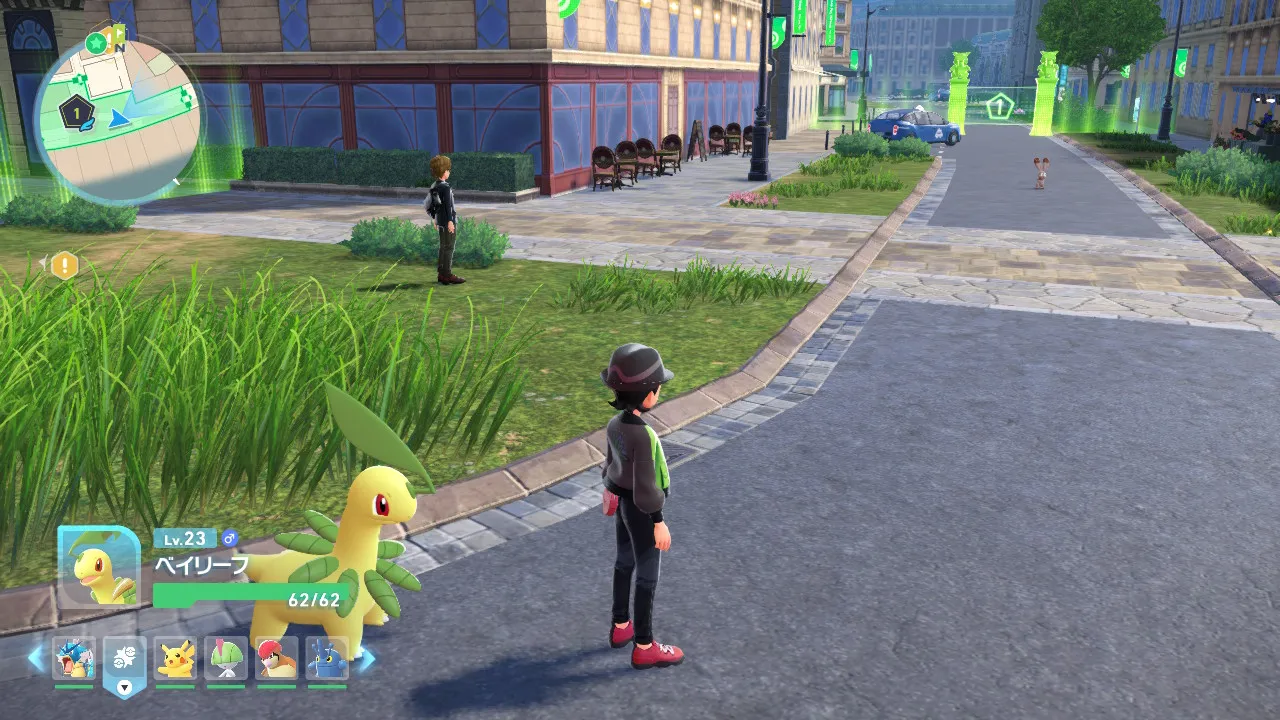 野生のポケモンから距離を取り、戦闘が終了した様子