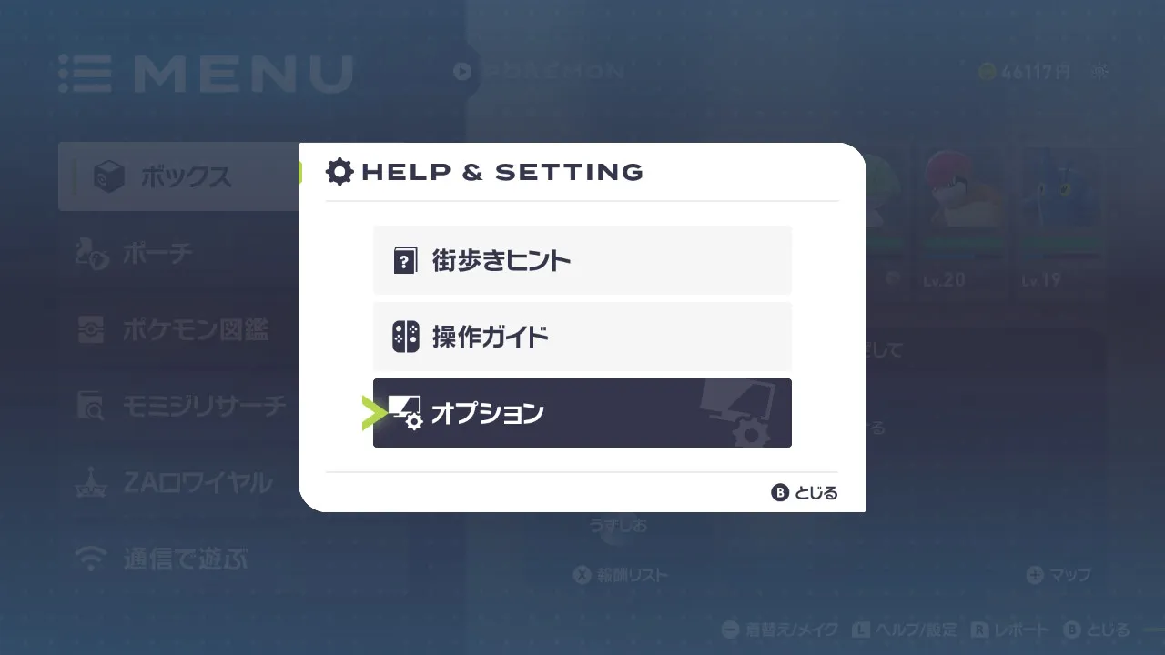 ヘルプ＆設定画面でオプションが選択されている