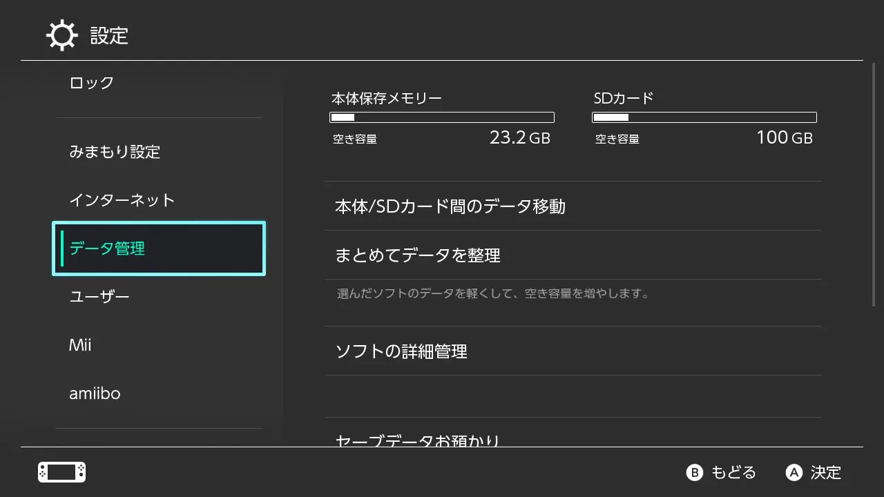 Switchの設定画面。「データ管理」が選択されている。